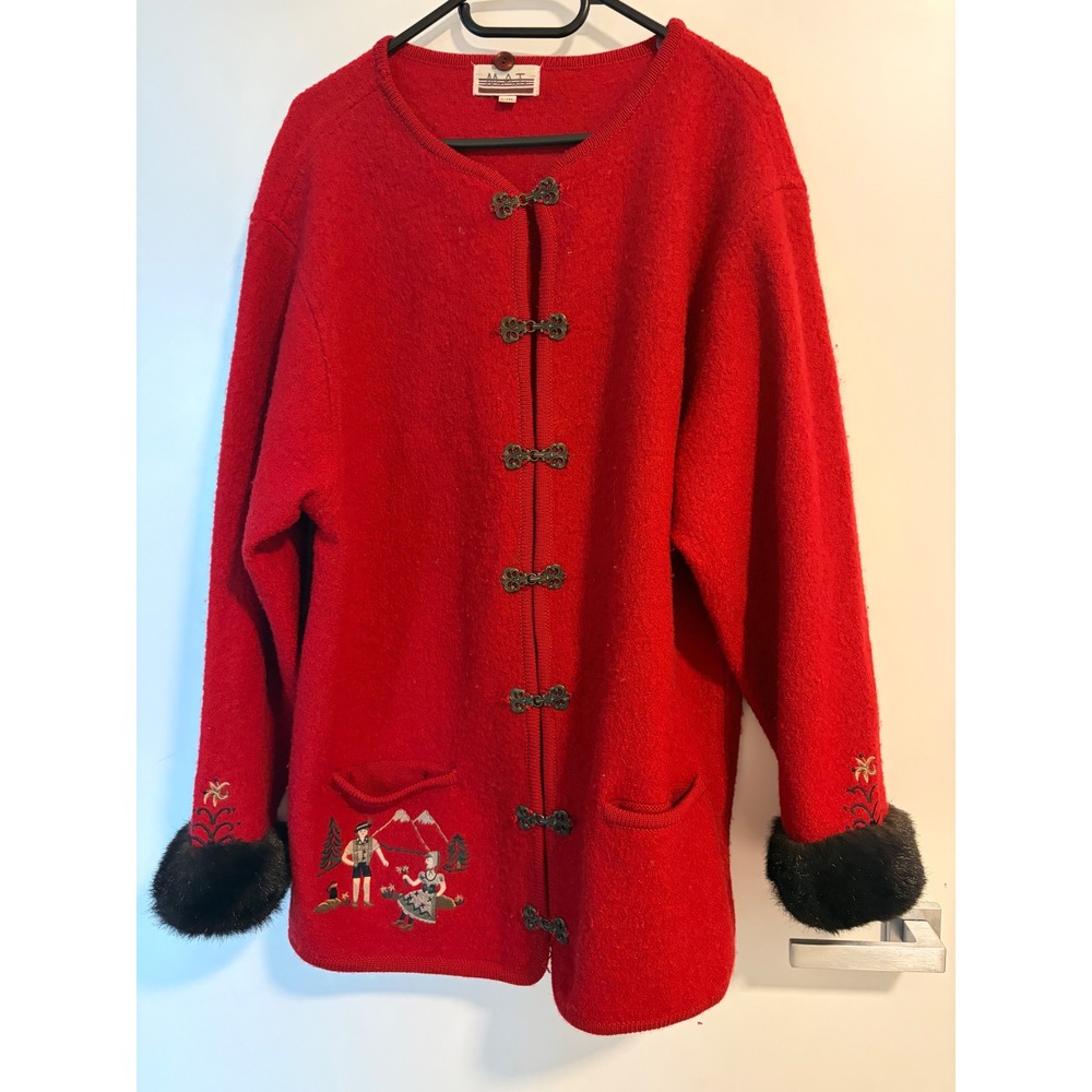 MAT Red Virgin Wool Tyrolean Cardigan Faux Fur Cuffs Alpine Embroidery Large